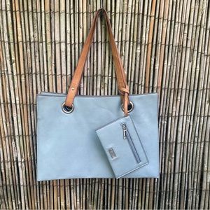 Pale blue and tan shoulder bag